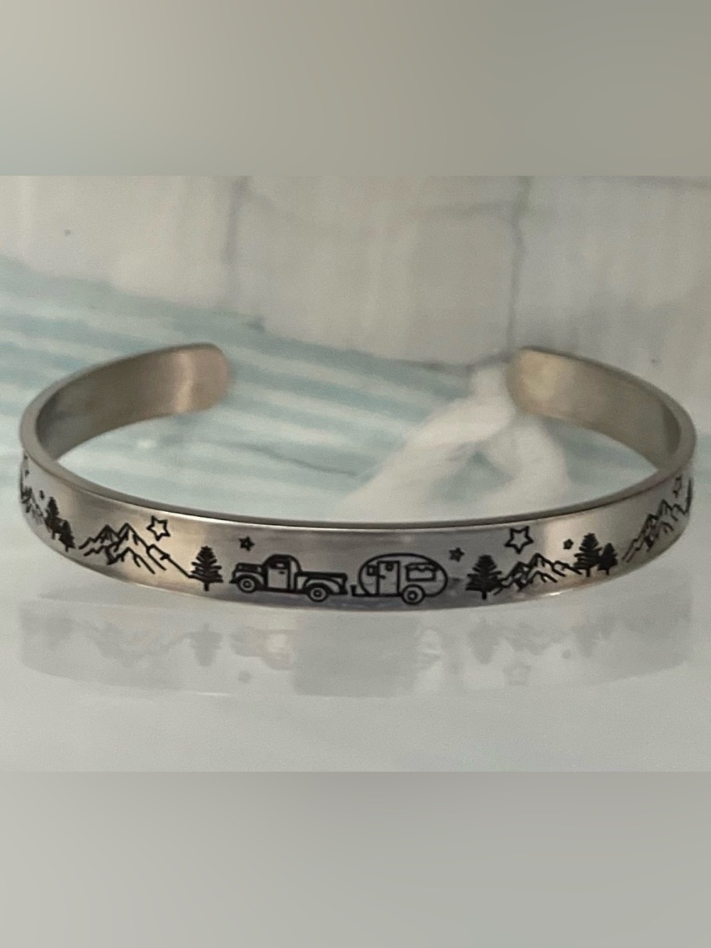Happy Camper Cuff Bracelet RV Camping Trailer Mountain Aluminum Bracelet